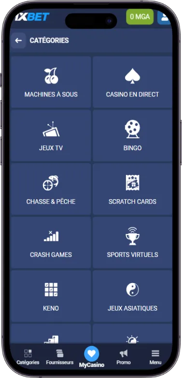 1xBet casino categories
