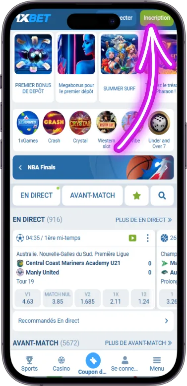 Bouton inscription 1xBet